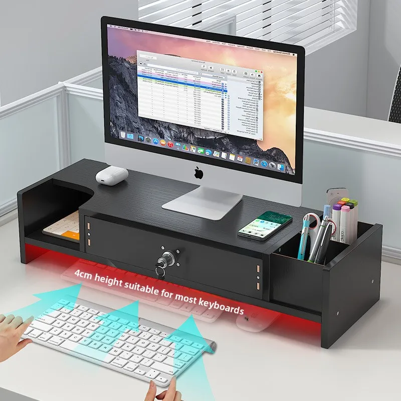 Modern Monitor Stand Riser with Lockable Drawer & Side Storage Organizers Wooden Desktop Organizer for Office & Home 49.8cm Wide