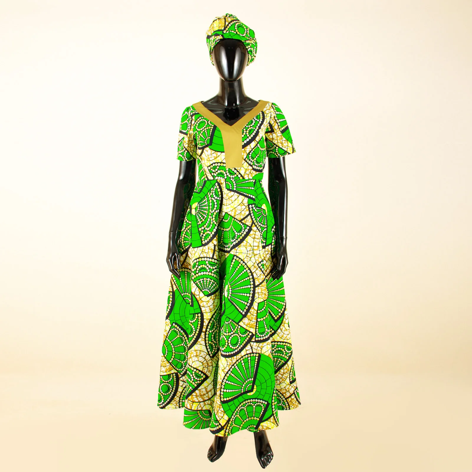 African Dresses for Woman V-neck Short Sleeves A-line Patchwok Dress with Headscarf Traditional Ankara Print for Party 2525058