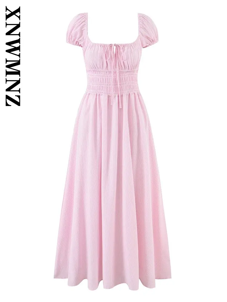 XNWMNZ Vestido Largo Versátil de Verano 2026 para Mujer, con Cuello Cuadrado y Manga Corta, Estilo Boho Chic, Color Rosa
