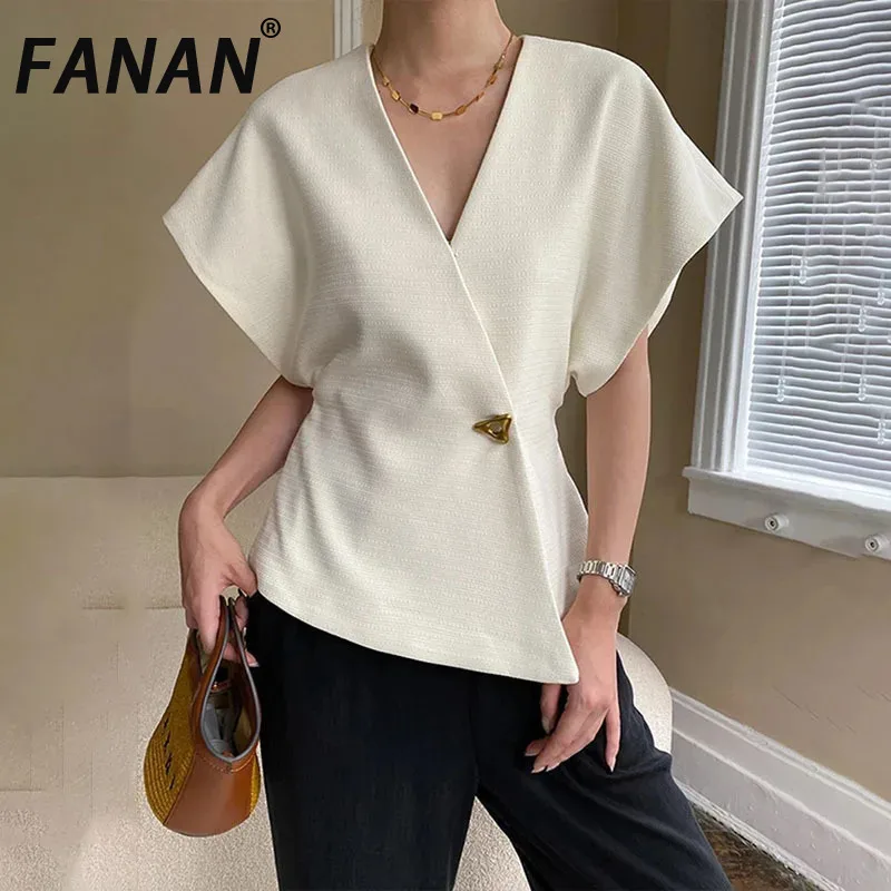 

FANAN French Style Gathered Waist Shirts For Women V-neck Single Button Loose Irregular Female Tops Fashion 2025 Spring New