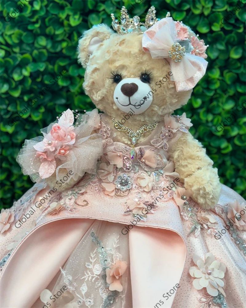 Pink O Neck 3D Flower Special Link For Personalized Quinceanera Teddy Bear Dress Bead Appliques Robe de bal Customized