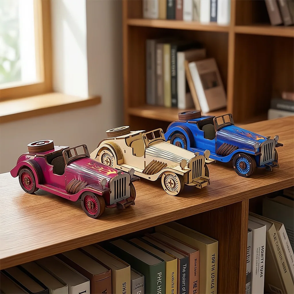 Vintage Car Wooden 3D Puzzle Kit, DIY Assembly Classic Roadster Model, Ideal for Kids Gifts, Desk Decor and Hobby Craft