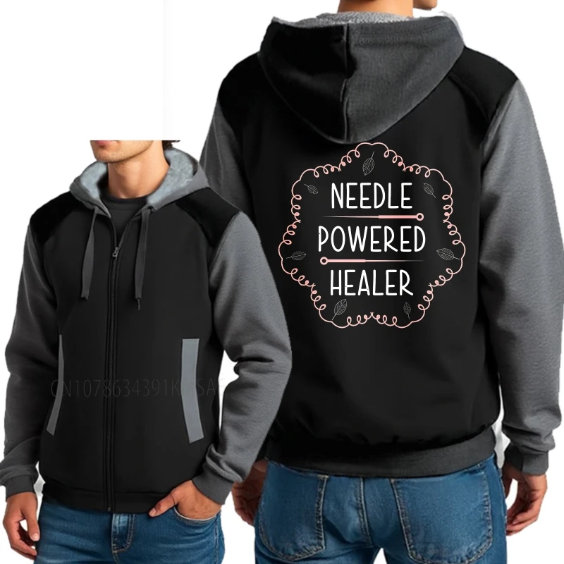 Retro unissex com capuz velo agulha alimentado curandeiro design com folhas e pontos uso diário engrossado treino para homem casaco zip-up
