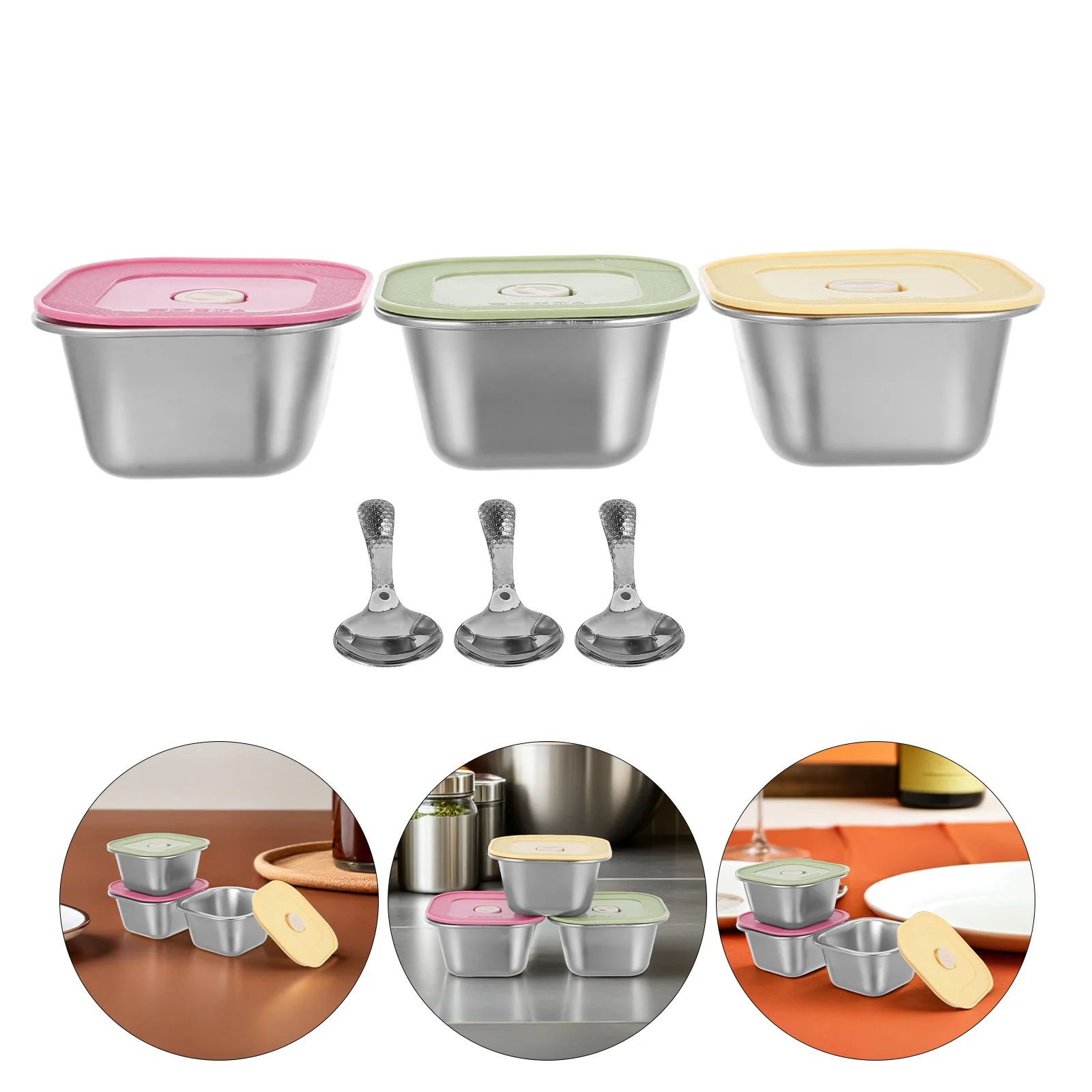 

3Pcs Stainless Steel Snack Container Stackable Leakproof Lunch Box Accessories Silicone Lid Reusable Meal Prep Condiment Sauce