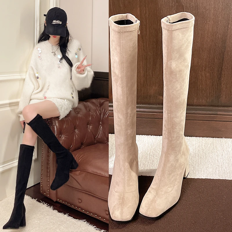 

Сексуальные высокие сапоги, женские зимние новые модные сапоги выше колена, теплые замшевые туфли-лодочки на молнии сзади, носки, сапоги на высоком каблуке