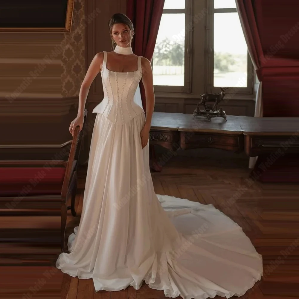 Gaun Pengantin Wanita Model A-Line Kerah Kotak 2026, Gaun Pengantin Satin Elegan Tanpa Lengan yang Dapat Disesuaikan, Panjang Menyentuh Lantai, Vestido De Novia