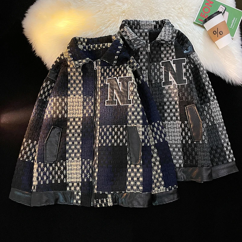 Spring Fall Plaid Jacket Vintage Lapel Jacket Racing Jackets PU Leather Zipper Coat Loose Men's Jacket Harajuku Couple Outerwear