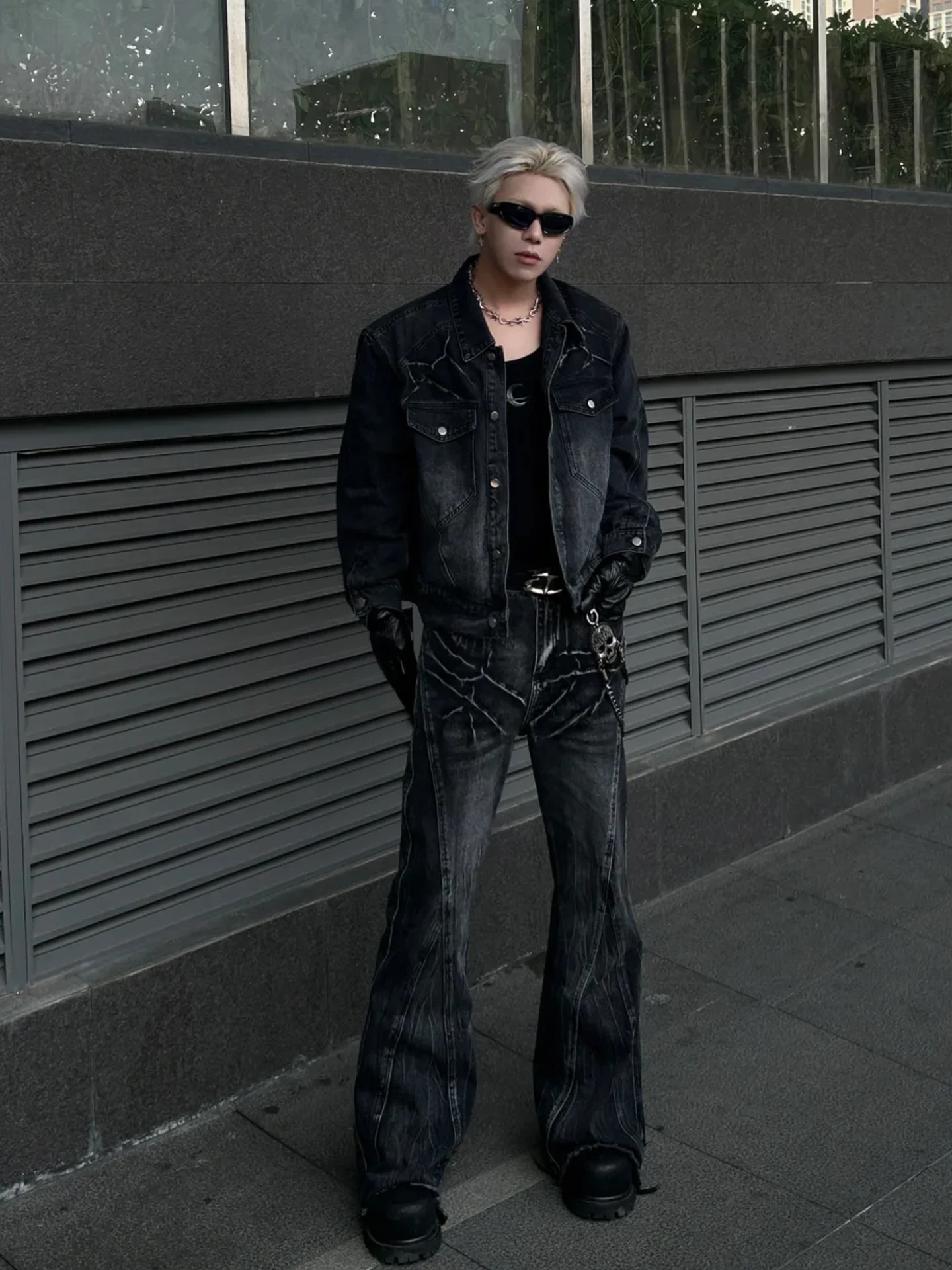 

Street Sle Wave Pattern Denim Set Men's Punk Deconstructed Two-Piece Suit Long Sve Jeans Casual Autumn Collection