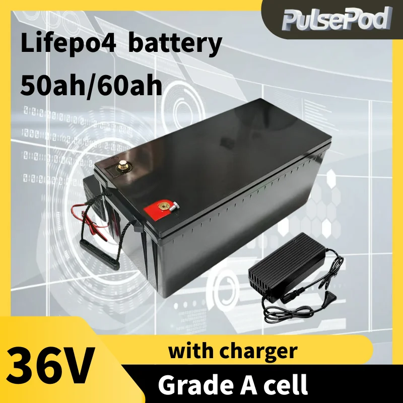 

waterproof 36V 60AH Lifepo4 36V 50Ah lithium battery with BMS for 1500W scooter bike Tricycle Solar golf cart +10A charger