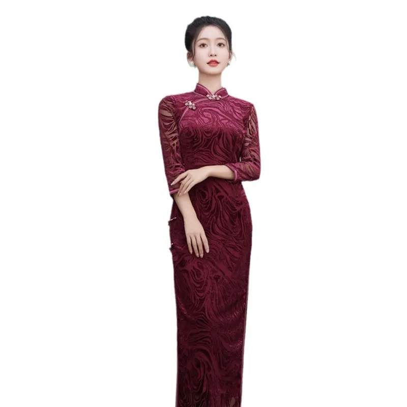 Warlord Wide Lady Flocking Double-Layer Long Mid-Sleeve Cheongsam Qi Pao Autumn New Retro National Style