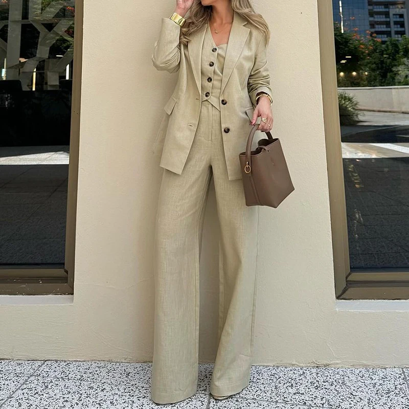 

Nice Simple Fashion Long Pant Suit Casual Solid Vest 3 Piece Set Lady One Shoulder Single Breasted Tank+Coat+Wide Leg Trouser Ou
