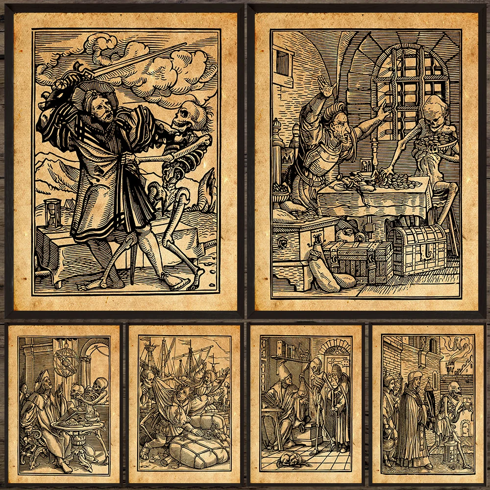 The Dance Of Death Vintage Wall Art Canvas Painting,Satirical Paintings Of The Renaissance,Death Fantasy Gothic Art Poster Print
