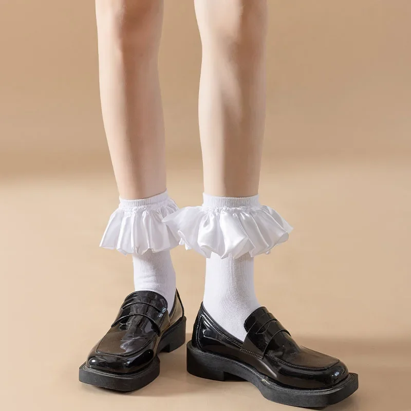 Lolita Kawaii Ruffle Socks Women JK Sweet Girls Cute Princess Socks Japanese Fashion Solid Color Black White Elastic Long Socks