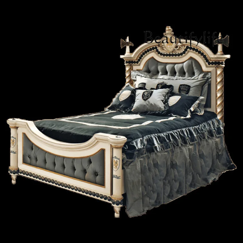 

Italian light luxury solid wood carving flower bedroom bed French villa luxury painted fabric designer