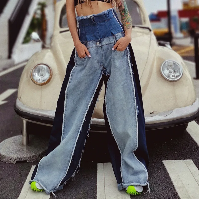 

Fashion Denim Patchwork Design Wide Leg Pants Streetwear Y2k High Waist Jeans Women Clothings Matching Vintage Chic Bottoms 2023