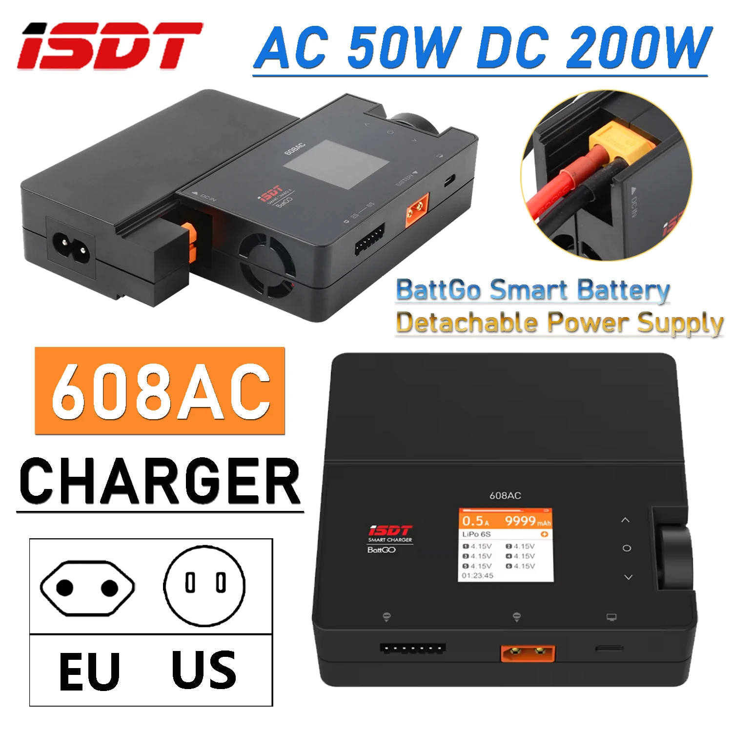 

ISDT Smart Charger 608AC 8A AC 50W DC 200W Dual Mode Design Balance Discharger BattGo Smart Battery/Detachable Power Supply