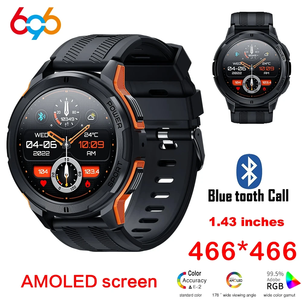 

Outdoors Blue Tooth Call Smart Watches Men AMOLED Screen 1.43" 1ATM Waterproof Heart Rate Monitor Sport Smartwatch Women Fitness