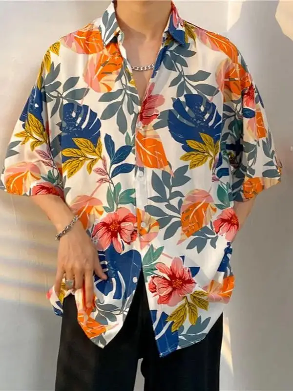 

Floral Print Men's irt f Sve Loose Fit Summer Casual Wear Floral Five Quarter Sved irt for Men