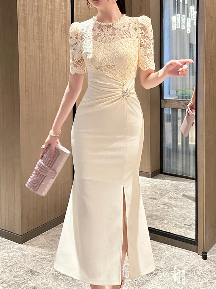 エレガントな社交家誕生日パーティードレス女性フレンチスタイルパールシアーレースひだスリットフィッシュテールローブファムイブニングウエディングドレスvestidos