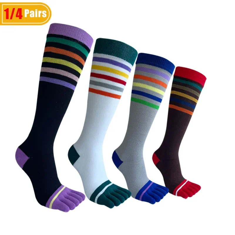 1/4 Paar Damen- und Mädchen-Zehensocken, lange Baumwollsocken, gestreift, lässig, antibakteriell, atmungsaktiv, warm, hohe Röhre, Fünf-Finger-Socken