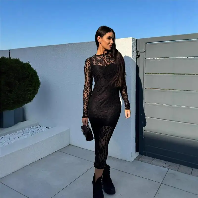 Slim Fit évider rond Ne dentelle moulante Dr Sexy Transparent Transparent jupe longue taille haute t-shirt fibre d'acétate 00%