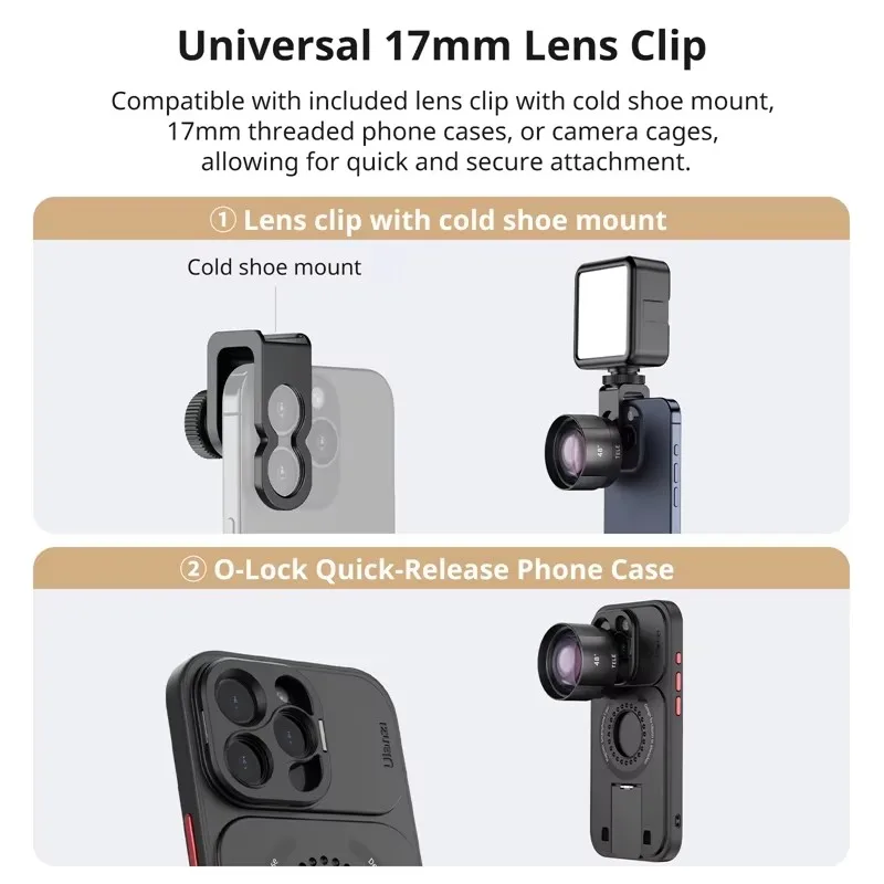 Ulanzi 모바일 렌즈 스마트폰 렌즈, 매크로, 어안, 광각 망원, 17mm 렌즈 클립 포함, CL-003 004 005 006