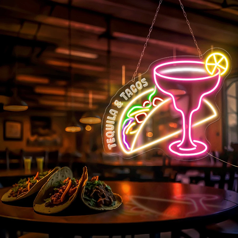 Tacos and Tequila Neon Sign Custom Mexican Food Cinco De Mayo I Love Tacos Neon Sign Mexican Restaurant 3D Carving Neon Lights