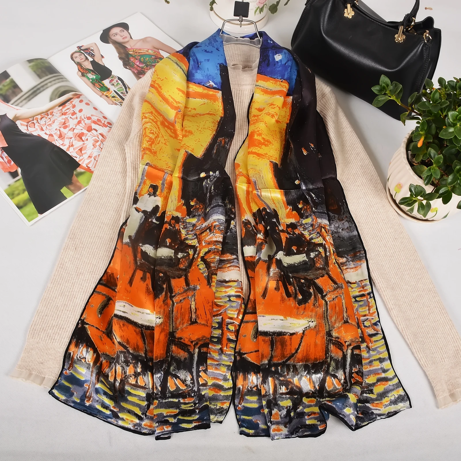 

BYSIFA| Coffee Yellow 100% Silk Scarves for Women Fall Winter Coffee House Pattern Neck Long Scarf Headscarf for Hair Wraps