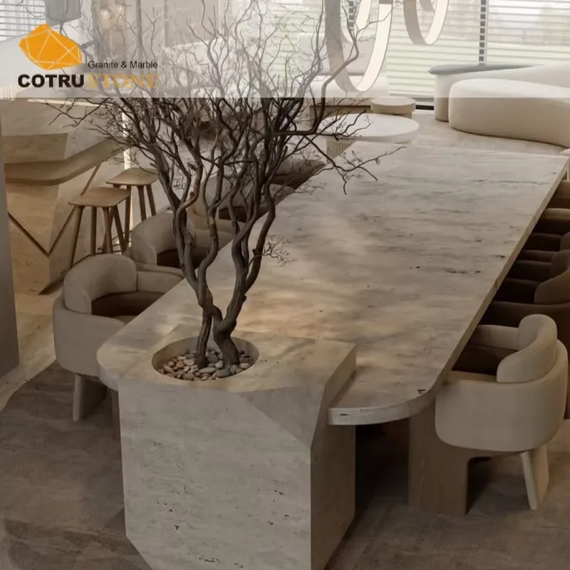 Natural Beige White Travertine Modern Irregular Dining Table Conference Table 8-Seater Stone Carvings and Sculptures for