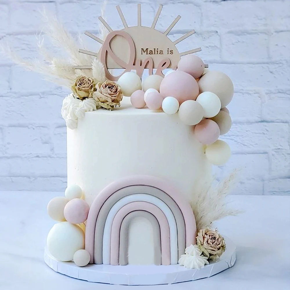 Boho Rainbow Cake Toppers Khaki Pink Balls Cake Decoration DIY Bohemian Wedding Baby Shower Girls Birthday Party Supplies