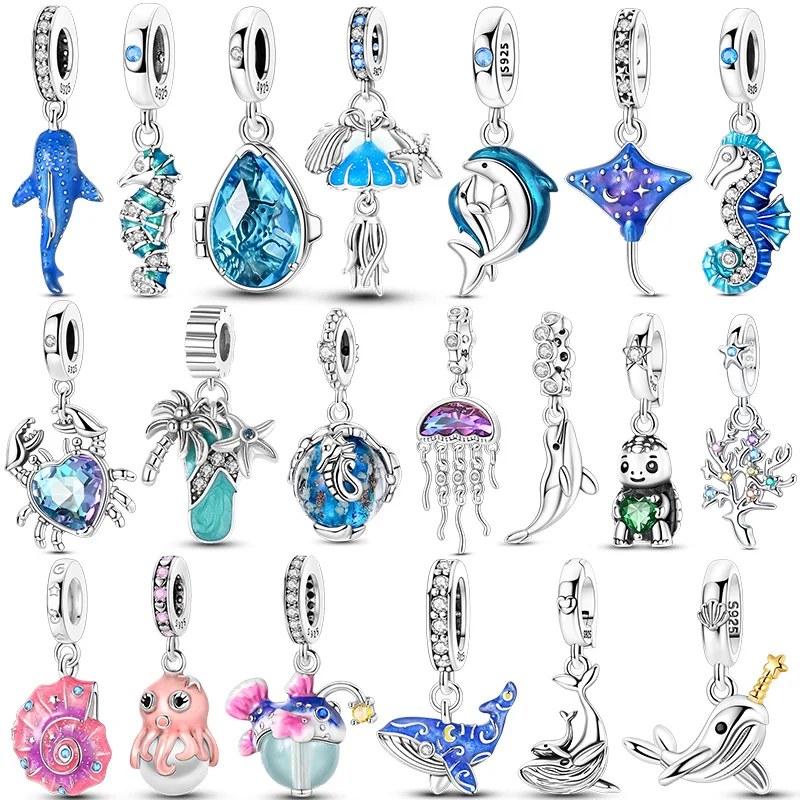 

Summer Series Original 925 Sterling Silver Charms Bead Blue Marine life Pendant Fit Original Bracelet For Women Jewelry Gift