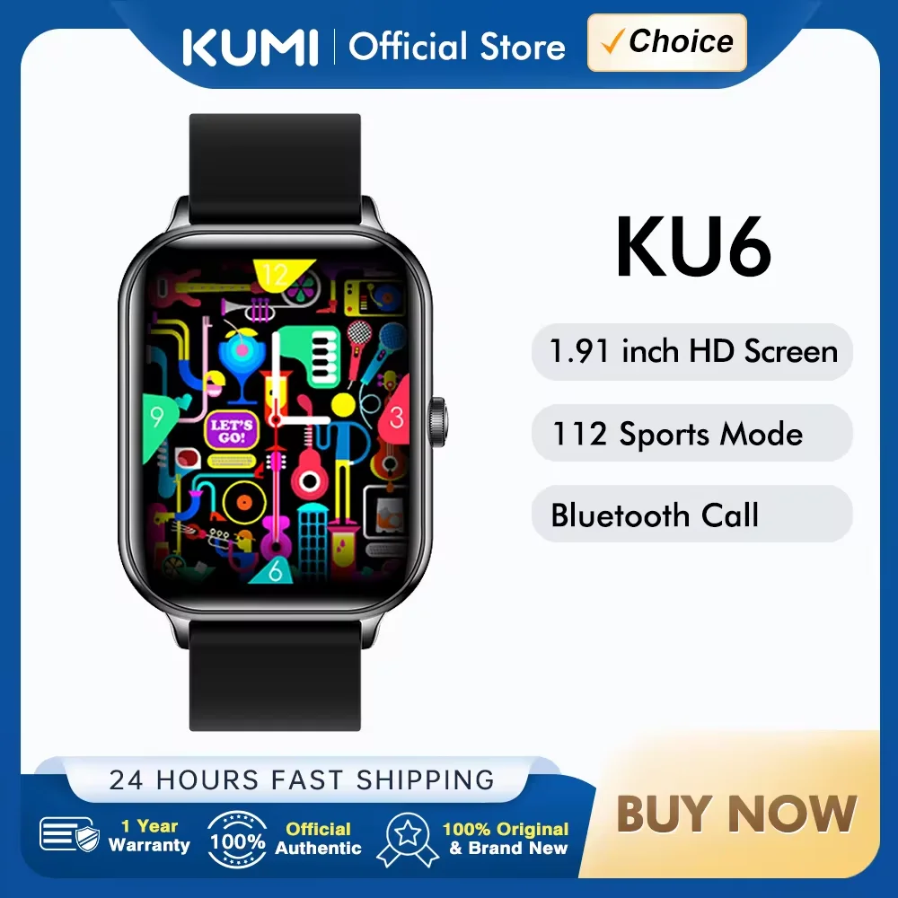 

KUMI KU6 1.91-Inch Sports Smartwatch with Bluetooth Calling, 110+ Sports Modes, Heart Rate Tracking, and IP68 Waterproof