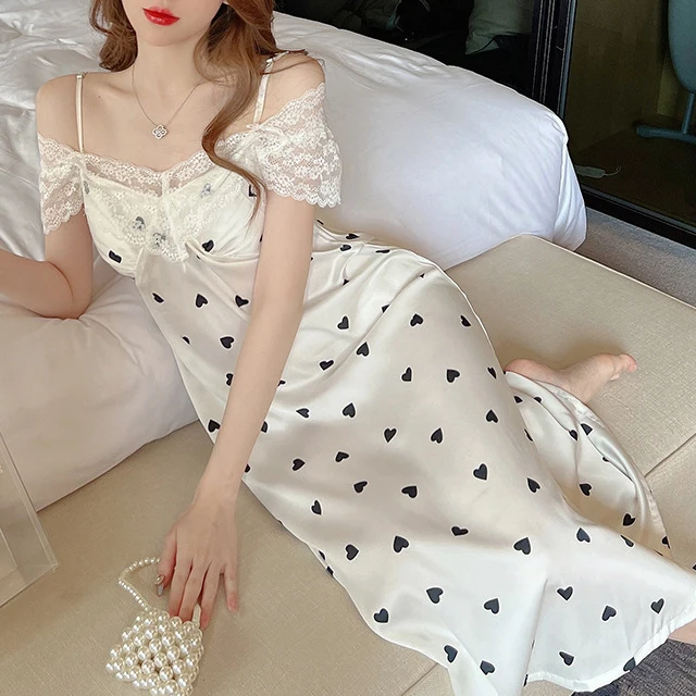 French Court Style Nightdress Sleepwear Summer Satin Print Love Nightwear Sleepshirt Sexy Off Shoulder Long Nightgown Home Wear