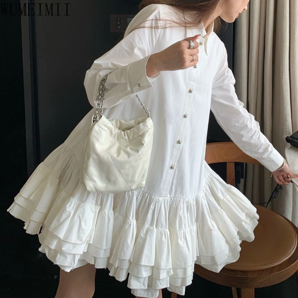 

Autumn 2025 New White Big Skirt Three-dimensional Waist Bottom Long Sleeve Shirt Dress dresses for women