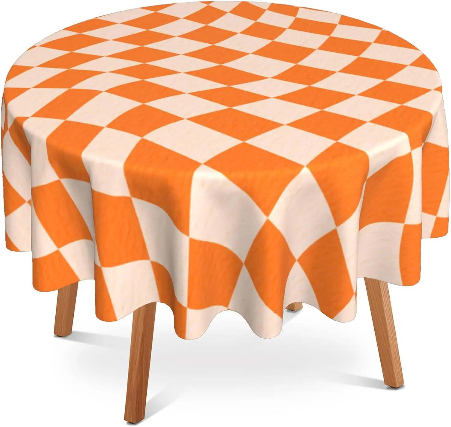 Retro Chess Board Round Table Cloth Orange Checker Waterproof Stain Resistant Washable Circle Table Cover for Kitchen Party