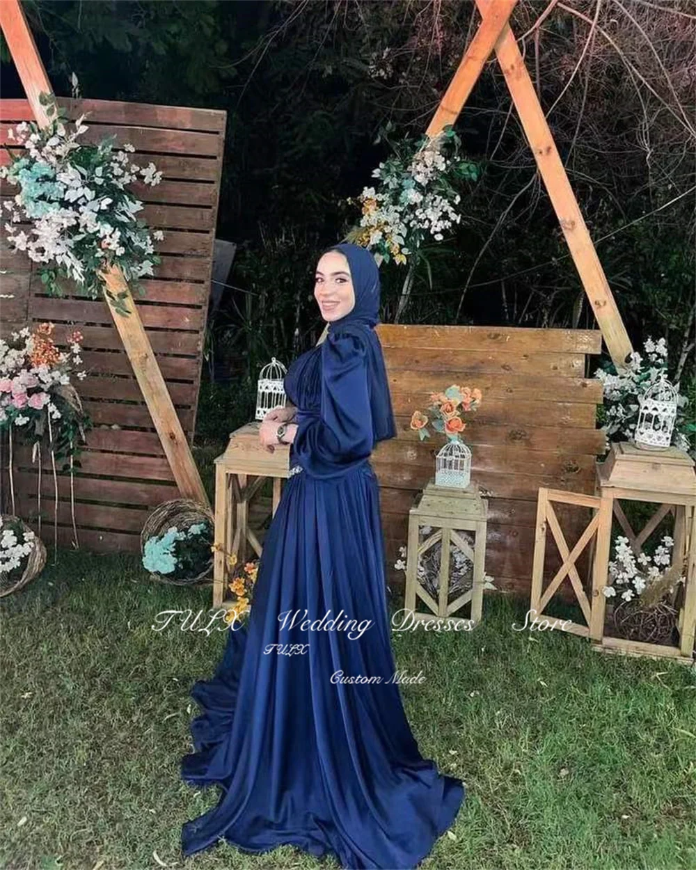 TULX Long Sleeve Hijab Evening Dresses Islamic Prom Formal Party Gown Women Soft Satin Sparkly Muslim Arabic Robe De Soiree