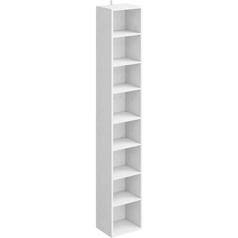 Tall Narrow Bookshelf 8 Tiers, Compact Corner Bookcase, Easy to Match for Living Room, Office, Study, Bedroom, White