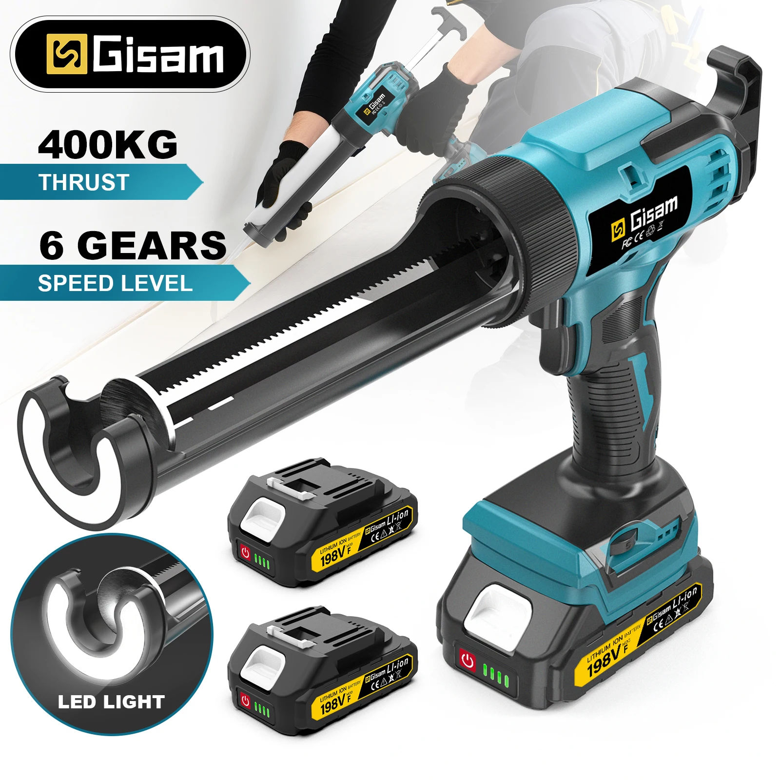 Gisam Elektrische Kartuschenpistole 400KG 6-Gang Kabellose Glaspistole Klebstoff-Dichtmittel-Pistole Elektrowerkzeug für Makita 18V Akku