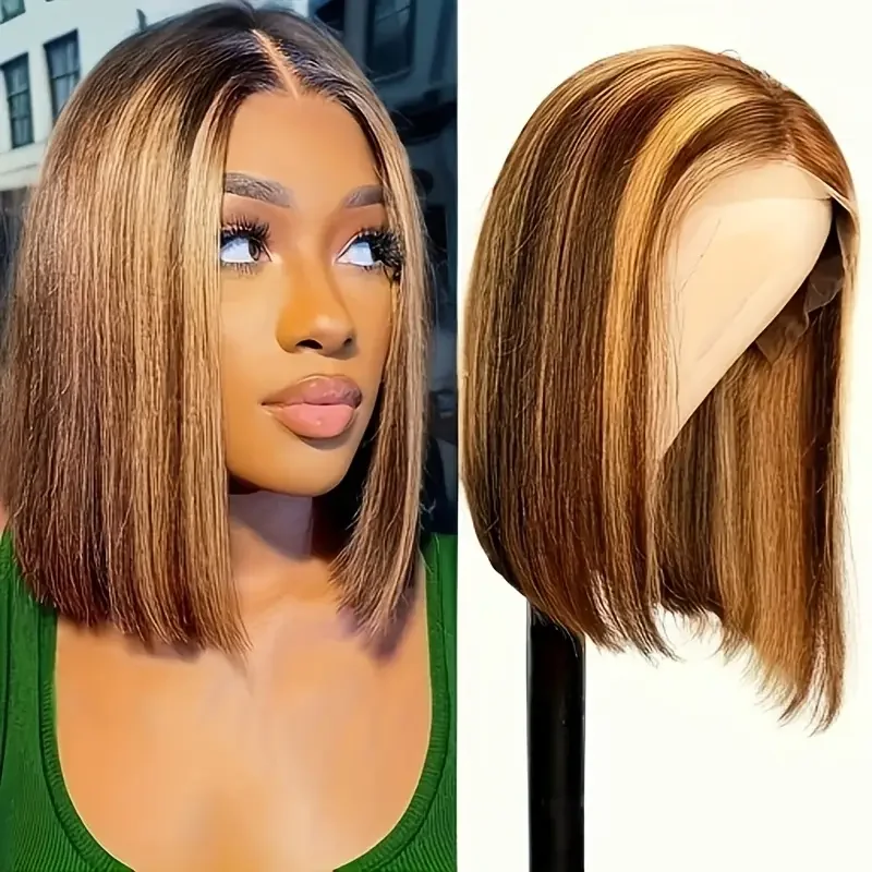 

13x4 Straight Frontal Human Hair Bob Wigs 16Inch Highlight 4/27 Brown Blonde Pre Plucked Transparent Lace Human Hair Short Wig