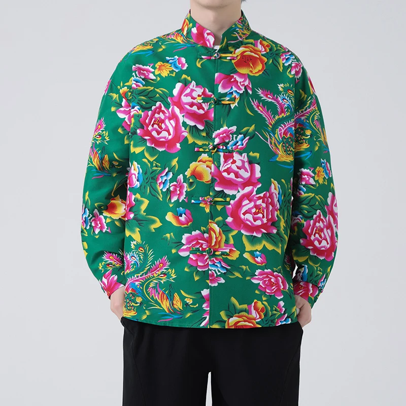 Men's Retro Oriental Mandarin Collar Tang Suit Shirt with Frog Buttons Floral Vintage Blouse for Autumn Winter 5XL Available