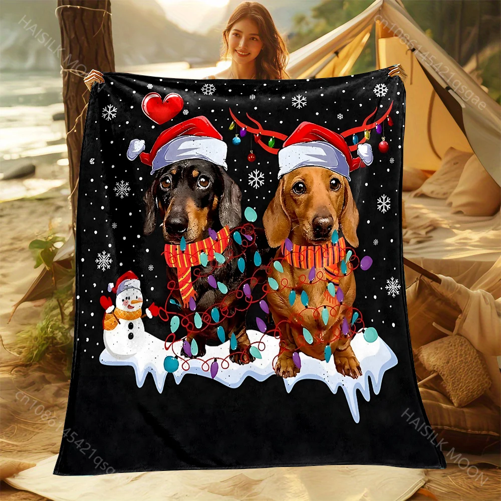 

Christmas-themed Dachshunds with Decor Pattern Blanket Flannel Material Soft Warm for All Seasons, Home Outdoor Camping Picnics