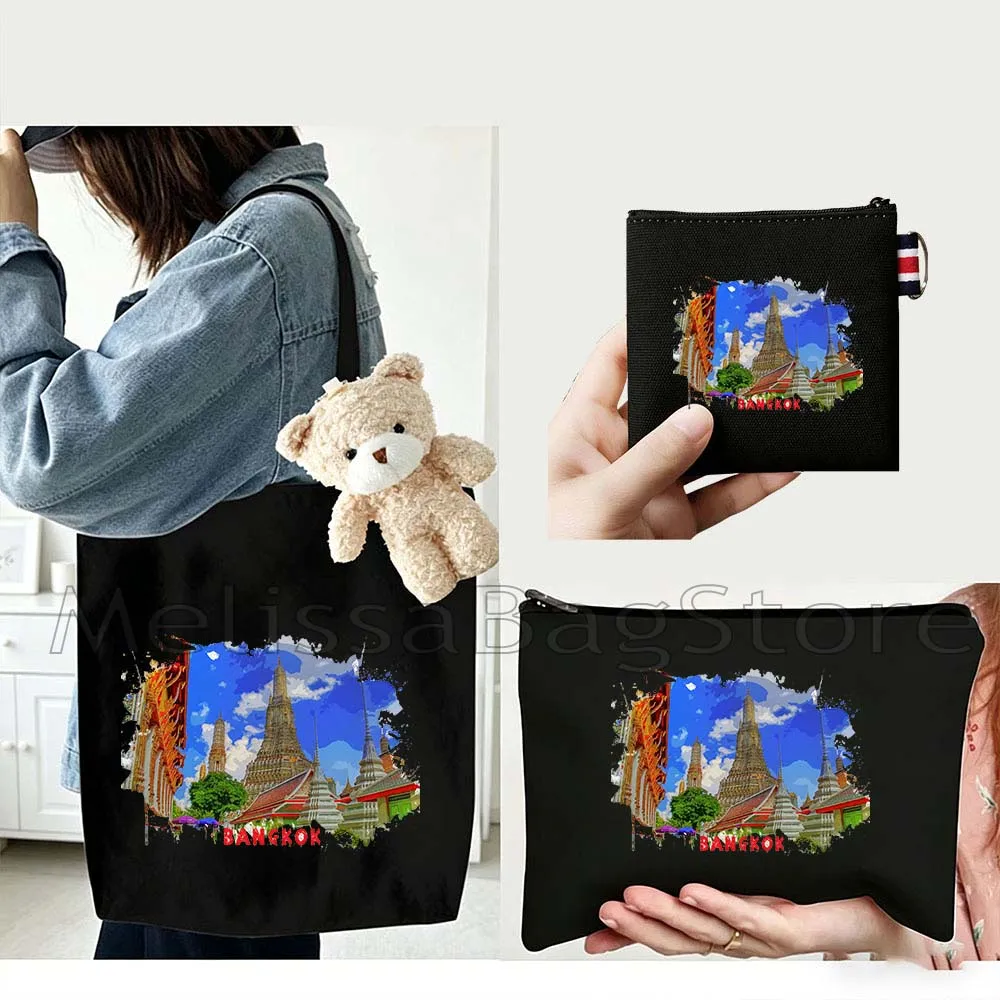 4PCS Gifts Set Bangkok Thailand Black Canvas Tote Bag Handbag with Doll Key Coin Purse Cosmetic Makeup Toilet Bag Case Pouch
