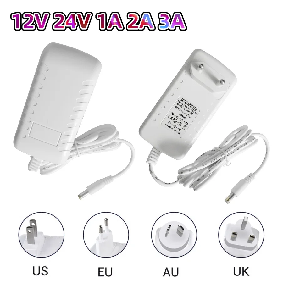 12 Volt Power Supply 24 Volt Adapter Transformer 110V 220V AC to DC 12V 24V CCTV LED Light Power Adapter 2A 3A EU US UK AU Plug