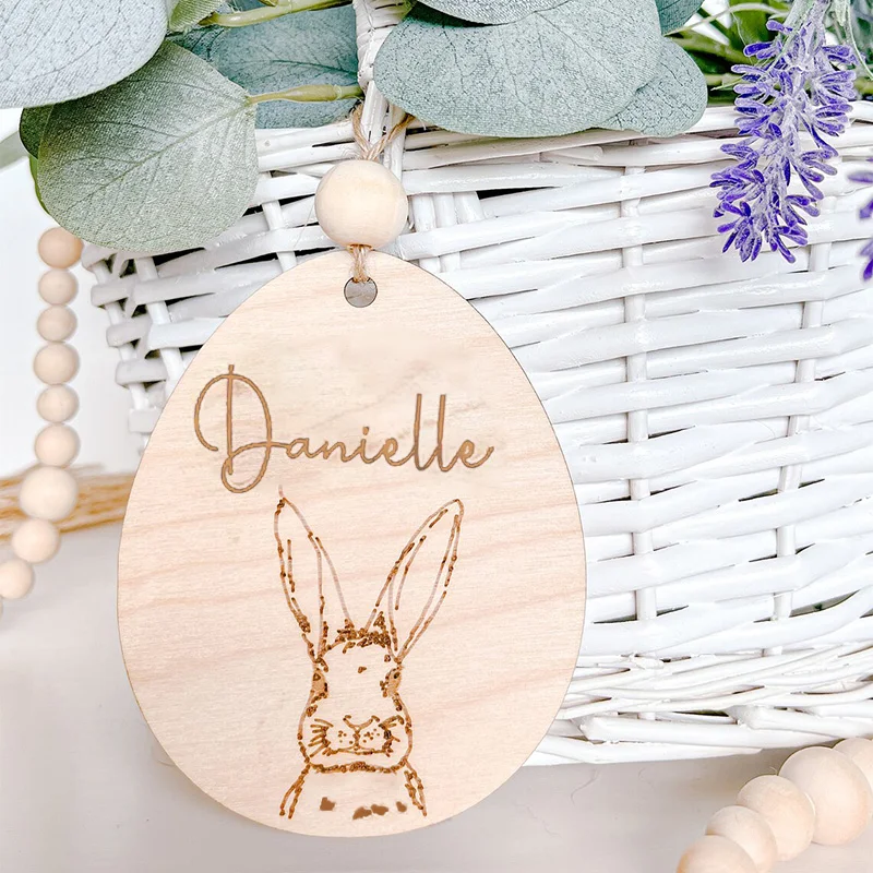 Personalized Bunny Rabbit Wooden Sign Happy Easter Party Egg Hunt Basket Bucket Bag Name Tag Ornament Family Kid Boy Girl Gift