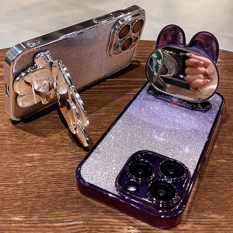 Luxury bracket Case For POCO F6 pro Glitter Mirror Rabbit Holder Soft Case for Xiaomi poco F6 M6 X6 pro C65 Shockproof Cover F6