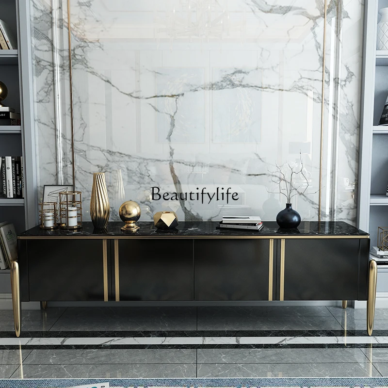 Light luxury black marble TV cabinet with bright paint modern simple living room TV cabinet