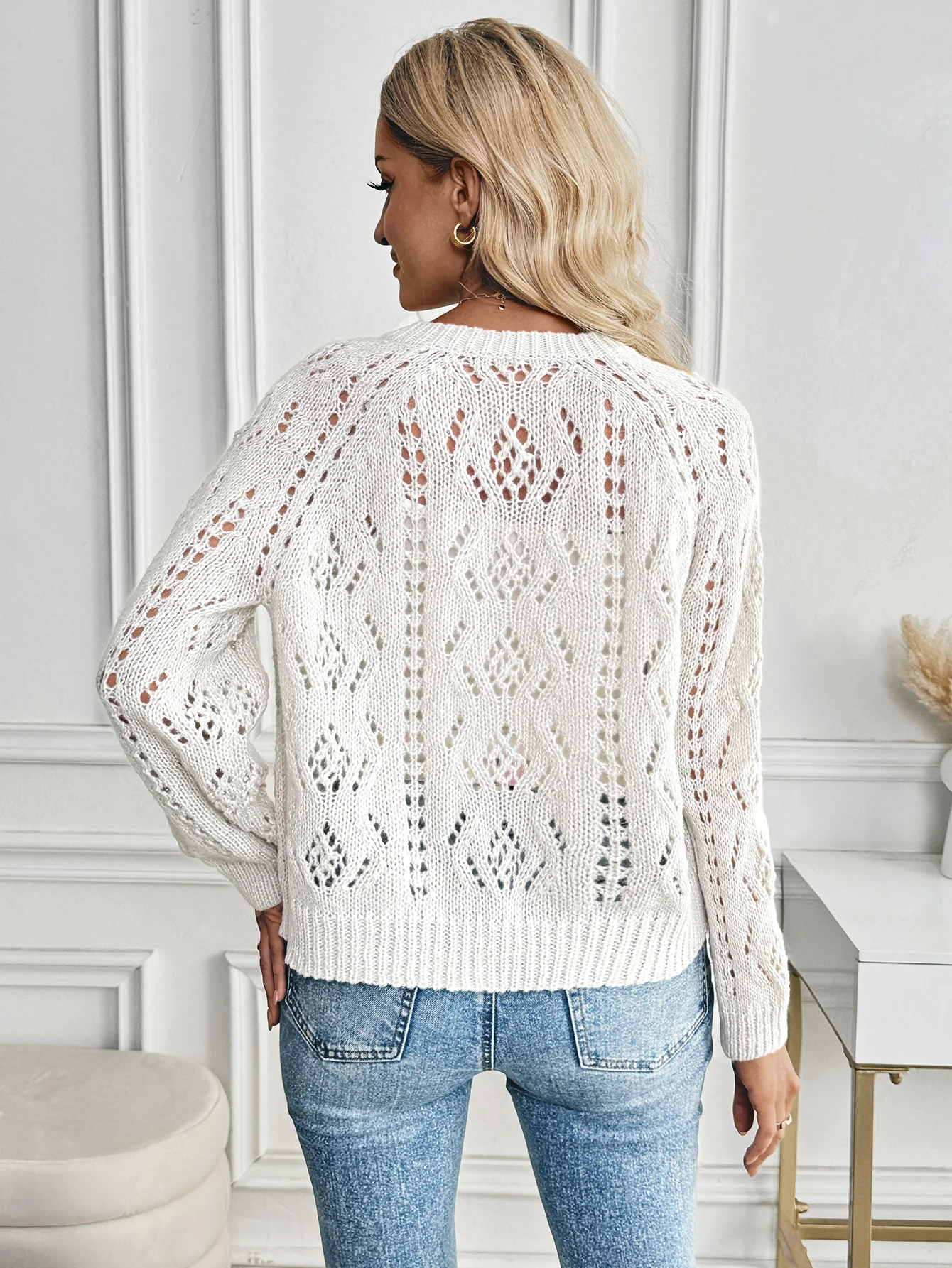 Europe and the United States cross-border foreign trade spring and autumn new women's knitted cardigan long sleeve hollow-out cr