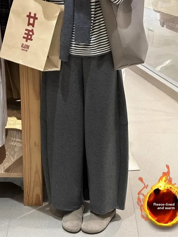 

plus Size Grey Wide Leg Knife Pants Women's Autumn Winter New Style Retro High Waist Loose Slimming Fleece Casual Trousers