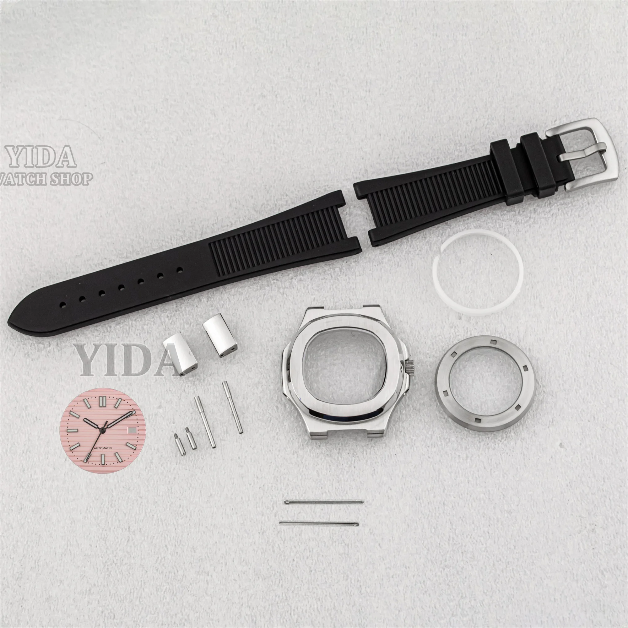 41mm NH35 Case Rubber Strap 316L Stainless Steel Silver Watch Case 10ATM Waterproof Case Fit Nautilus NH35 Movement MOD Parts