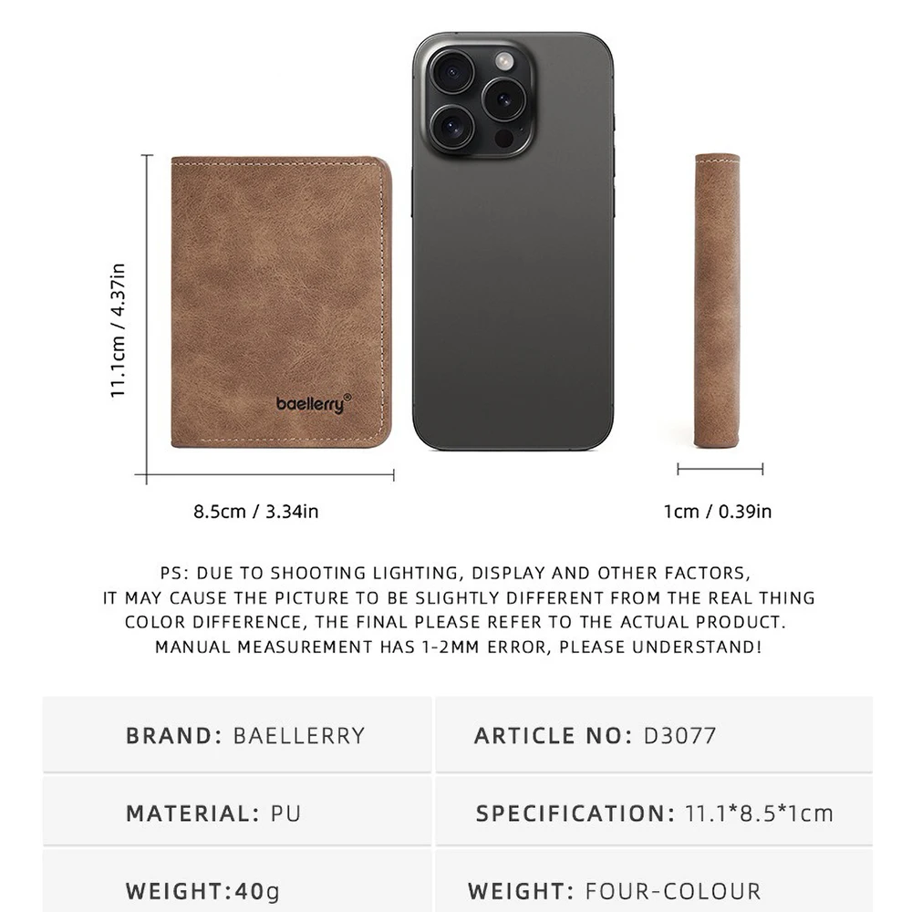 محفظة Baellerry للرجال من جلد البولي يوريثان وجيب أمامي وبسيط ومشبك نقود وأساسيات السفر